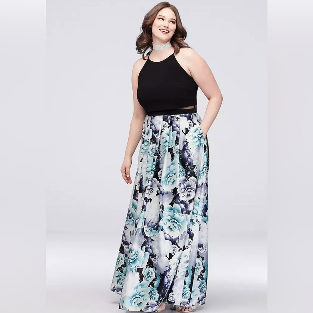 Betsy And Adam Illusion Two Piece Halter Dress Mesh Waist Satin Maxi Dress Sz 20